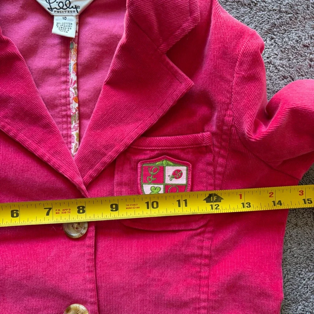 Lilly Pulitzer Blazer Size 10 Pink Corduroy Crest Patch Button Up Jacket